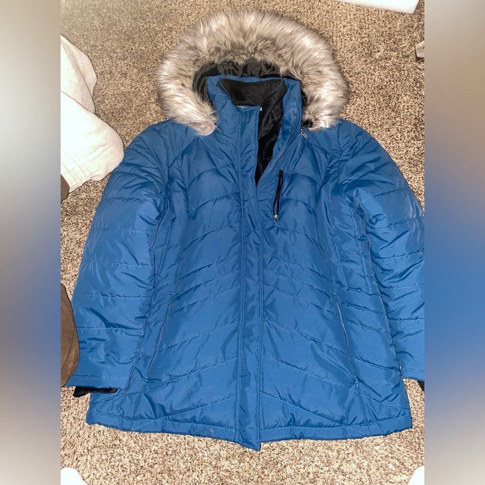 Women's Blue Fur-Trimmed Hooded Jacket